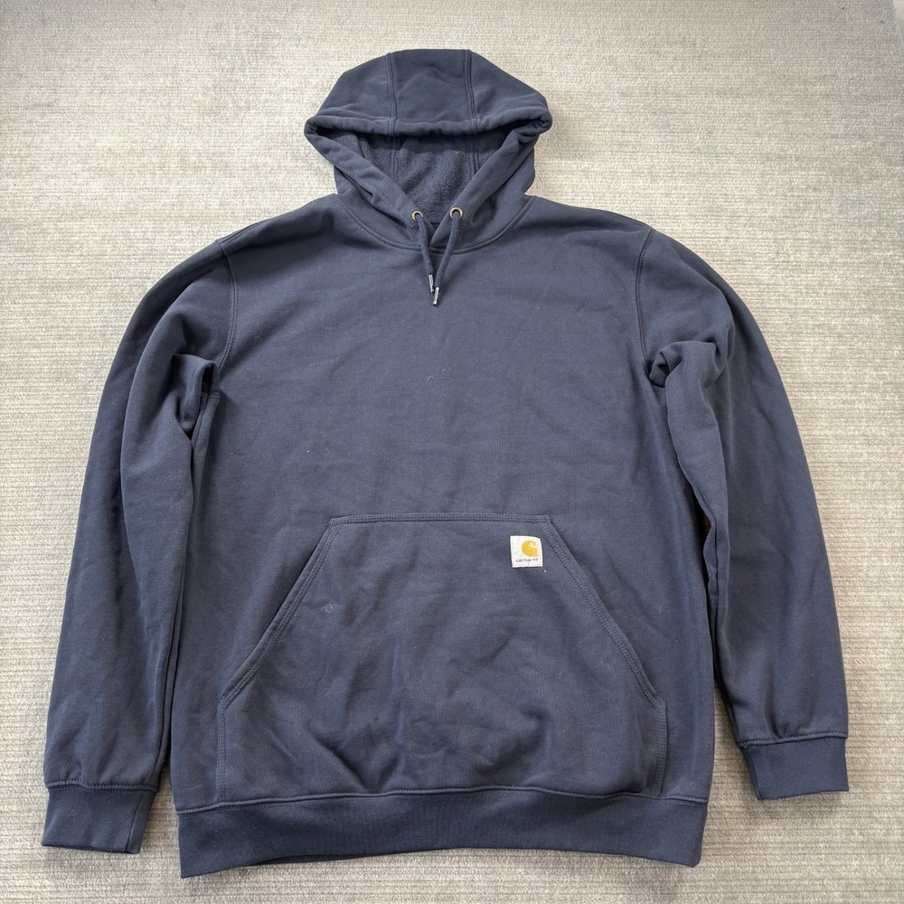 Carhartt Hoodie Sweater Men M Navy Blue Graphic Pullover Cozy Loose Fit Workwear